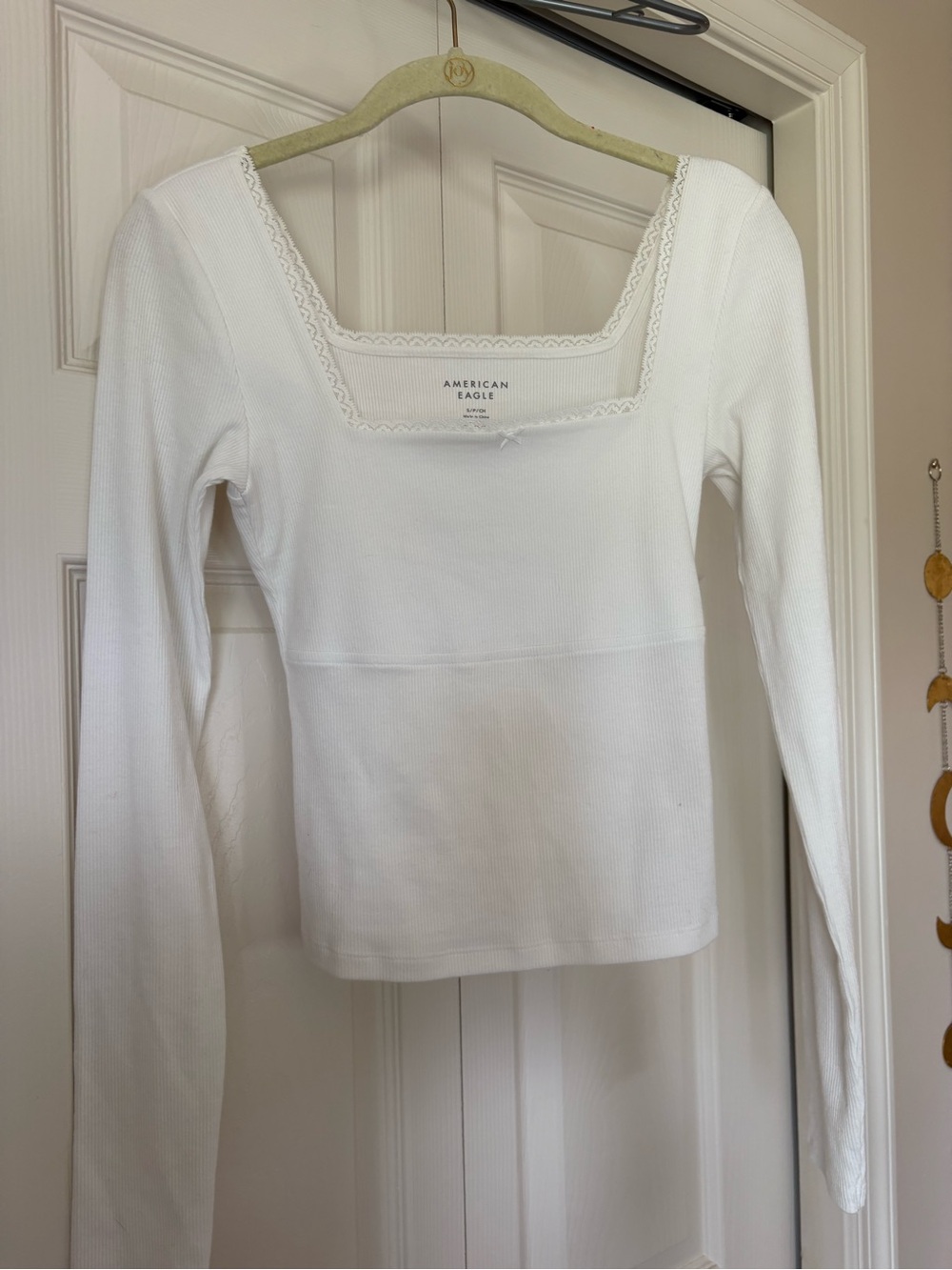 American Eagle Lace Trim Long Sleeve Ribbed Square Neck Top White Size Small